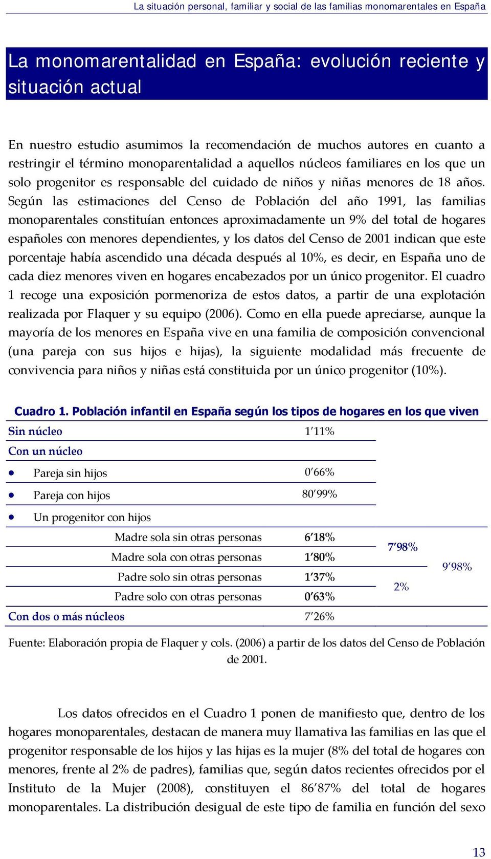 Según las estimaciones del Censo de Población del año 1991, las familias monoparentales constituían entonces aproximadamente un 9% del total de hogares españoles con menores dependientes, y los datos