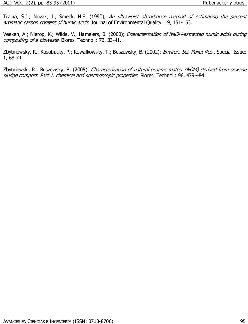 Biores. Technol.: 72, 33-41. Zbytniewsky, R.; Kosobucky, P.; Kowalkowsky, T.; Buszewsky, B. (2002); Environ. Sci. Pollut Res., Special Issue: 1, 68-74. Zbytniewski, R.; Buszewsky, B. (2005); Characterization of natural organic matter (NOM) derived from sewage sludge compost.