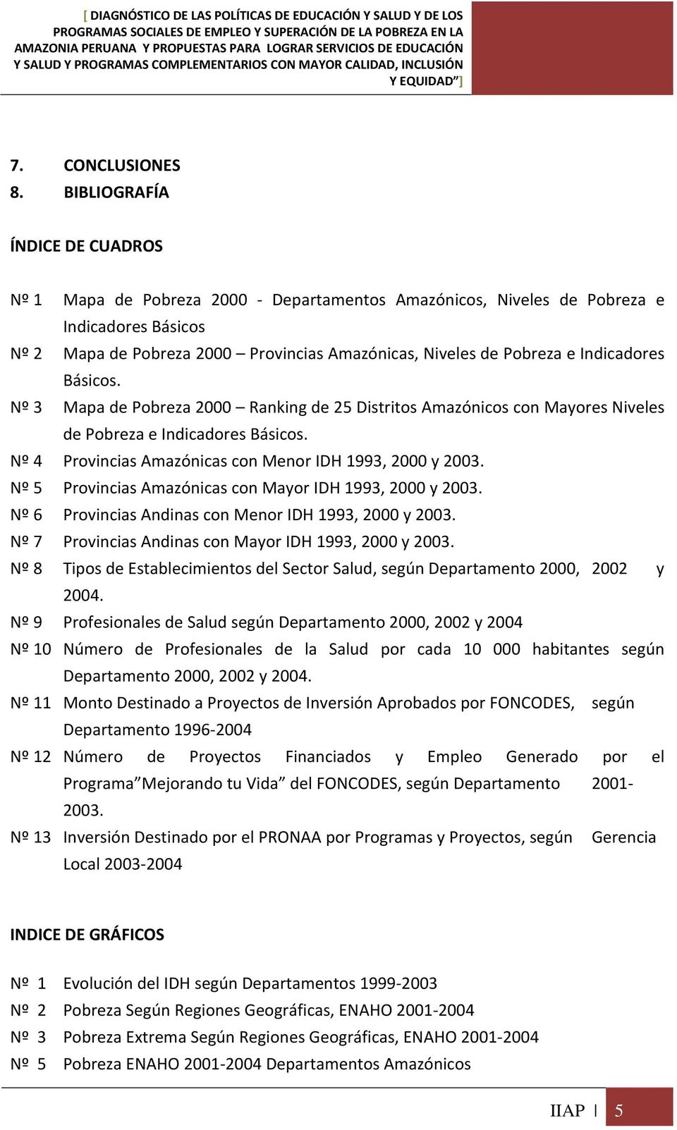 Indicadores Básicos. Nº 3 Mapa de Pobreza 2000 Ranking de 25 Distritos Amazónicos con Mayores Niveles de Pobreza e Indicadores Básicos. Nº 4 Provincias Amazónicas con Menor IDH 1993, 2000 y 2003.