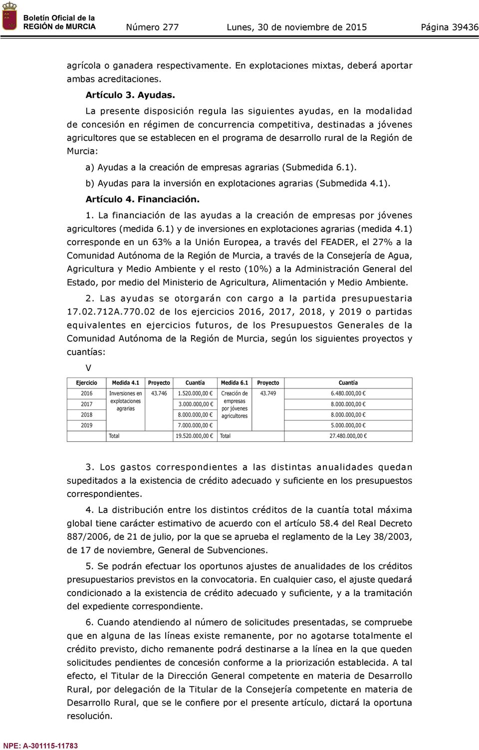desarrollo rural de la Región de Murcia: a) Ayudas a la creación de empresas agrarias (Submedida 6.1). b) Ayudas para la inversión en explotaciones agrarias (Submedida 4.1). Artículo 4. Financiación.