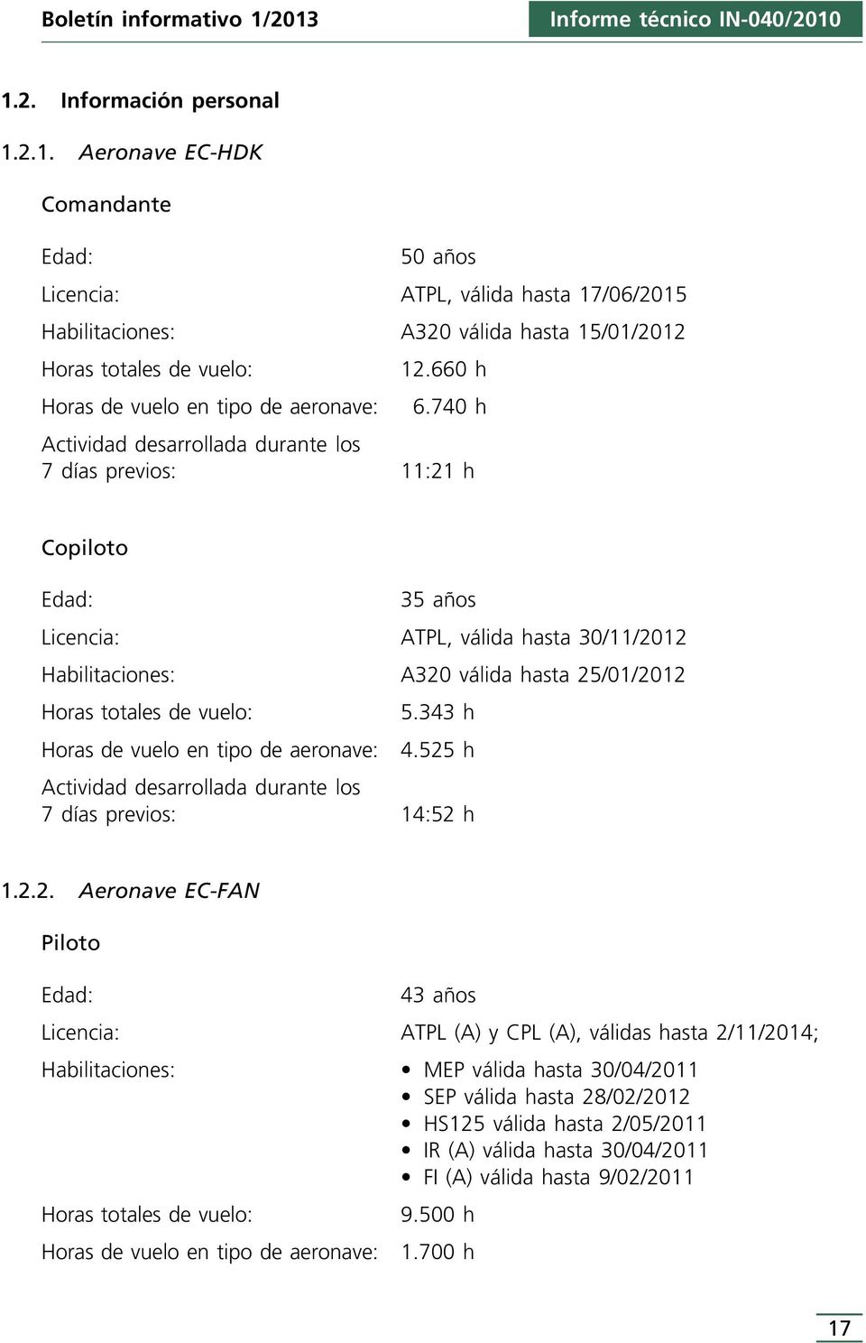 740 h Actividad desarrollada durante los 7 días previos: 11:21 h Copiloto Edad: 35 años Licencia: ATPL, válida hasta 30/11/2012 Habilitaciones: A320 válida hasta 25/01/2012 Horas totales de vuelo: 5.