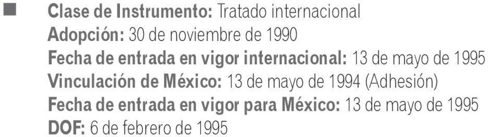 mayo de 1995 Vinculación de México: 13 de mayo de 1994 (Adhesión)