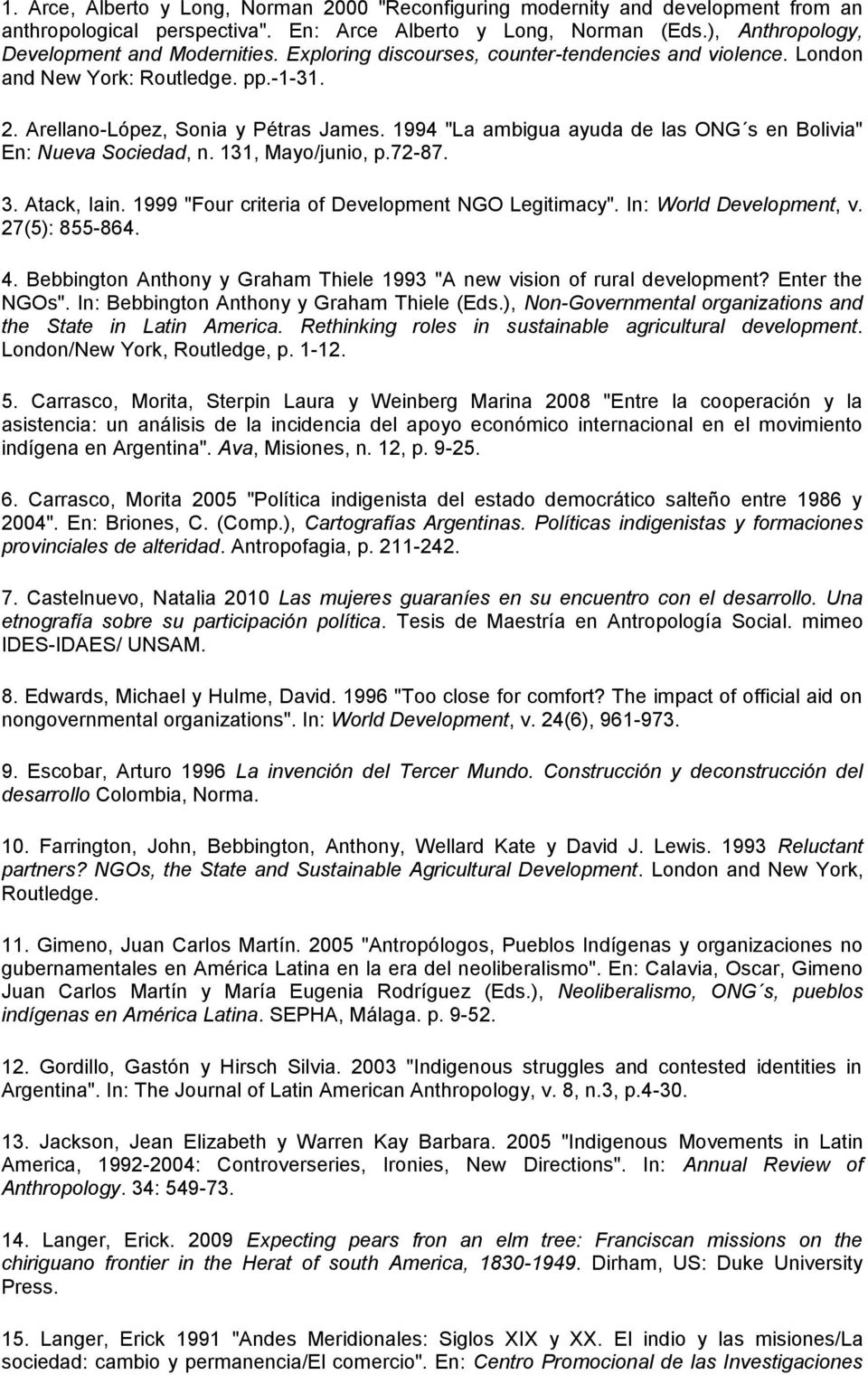1994 "La ambigua ayuda de las ONG s en Bolivia" En: Nueva Sociedad, n. 131, Mayo/junio, p.72-87. 3. Atack, Iain. 1999 "Four criteria of Development NGO Legitimacy". In: World Development, v.