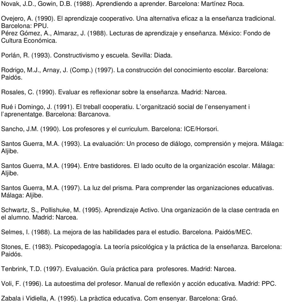 (Comp.) (1997). La construcción del conocimiento escolar. Barcelona: Paidós. Rosales, C. (1990). Evaluar es reflexionar sobre la enseñanza. Madrid: Narcea. Rué i Domingo, J. (1991).