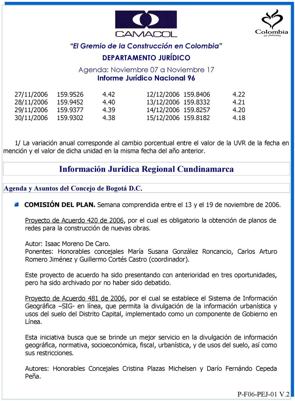 Información Jurídica Regional Cundinamarca Agenda y Asuntos del Concejo de Bogotá D.C. COMISIÓN DEL PLAN. Semana comprendida entre el 13 y el 19 de noviembre de 2006.