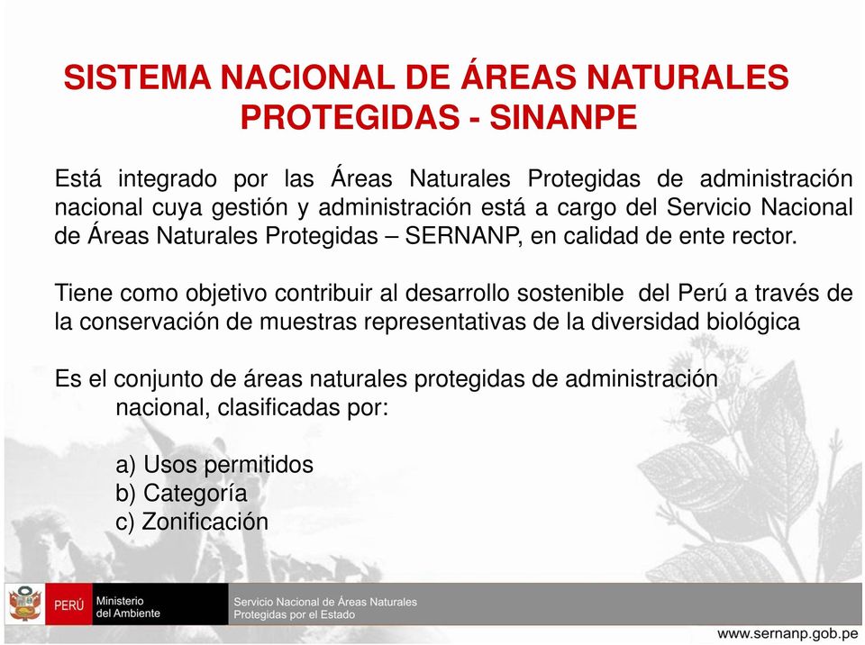 Tiene como objetivo contribuir al desarrollo sostenible del Perú a través de la conservación de muestras representativas de la diversidad