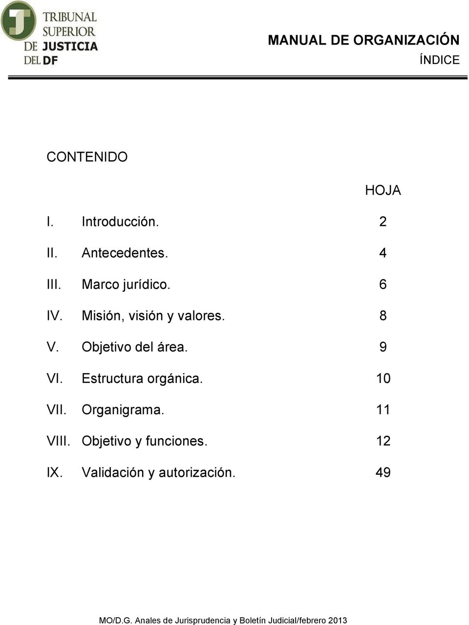 Estructura orgánica. 10 VII. Organigrama. 11 VIII. Objetivo y funciones. 12 IX.