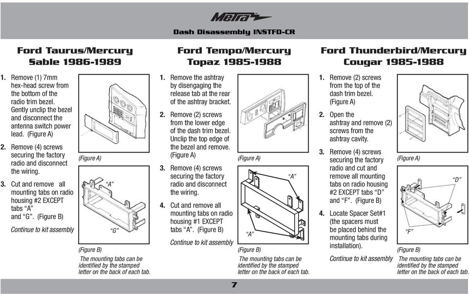A G The mounting tabs can be identified by the stamped letter on the back of each tab. Dash Disassembly INSTFD-CR Ford Tempo/Mercury Topaz 1985-1988 1.