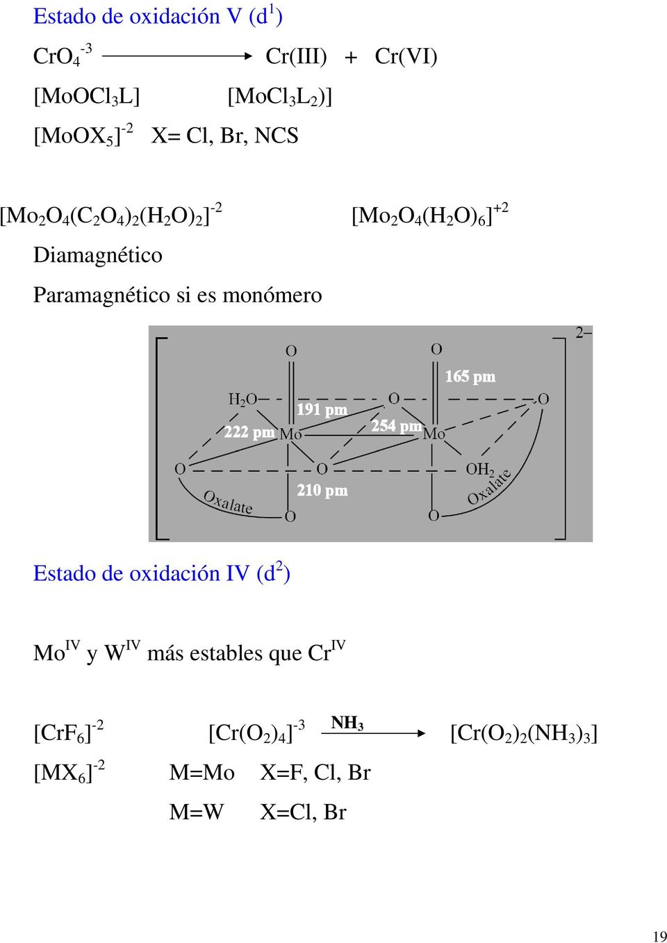 Paramagnético si es monómero Estado de oxidación IV (d 2 ) Mo IV y W IV más estables que Cr IV