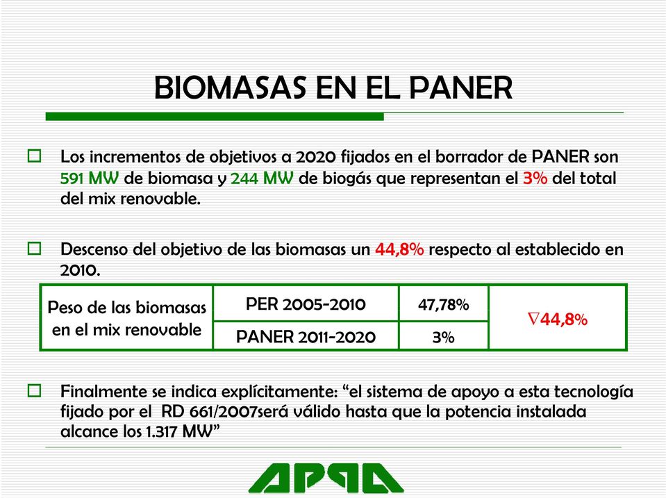 Descenso del objetivo de las biomasas un 44,8% respecto al establecido en 2010.