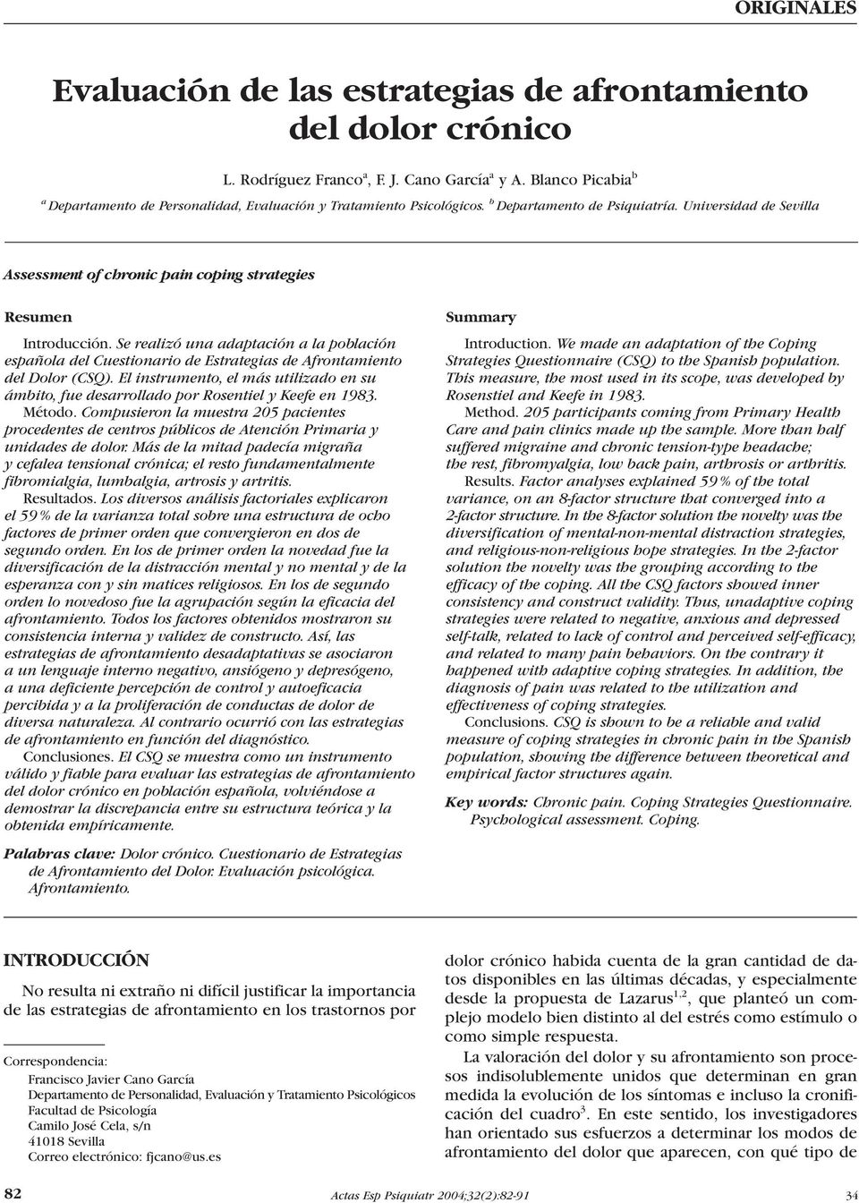 Universidad de Sevilla Assessment of chronic pain coping strategies Resumen Introducción.