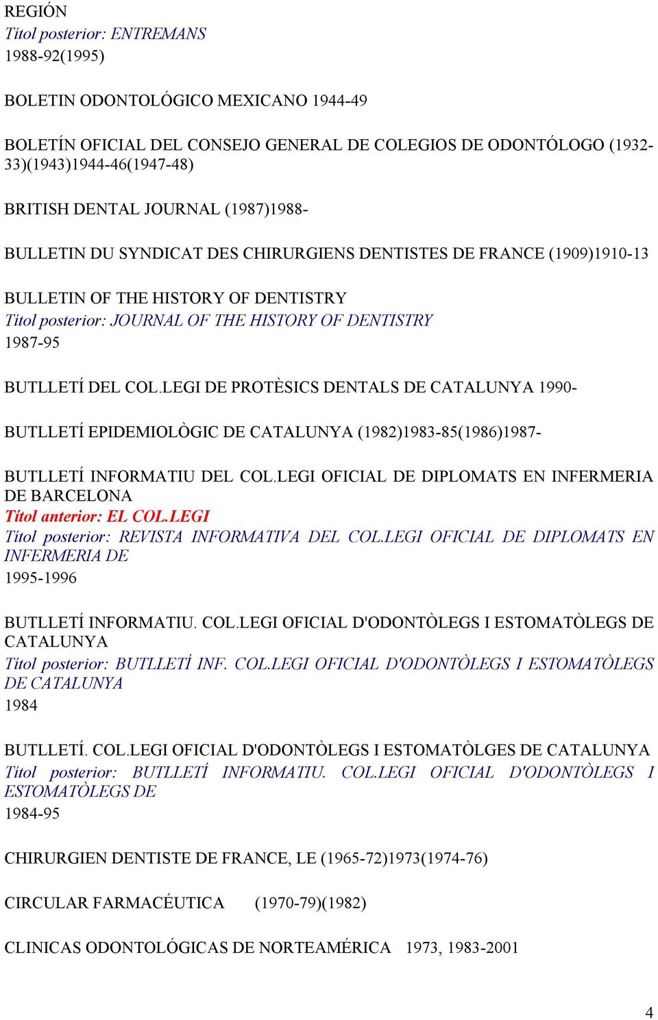 DEL COL.LEGI DE PROTÈSICS DENTALS DE CATALUNYA 1990- BUTLLETÍ EPIDEMIOLÒGIC DE CATALUNYA (1982)1983-85(1986)1987- BUTLLETÍ INFORMATIU DEL COL.