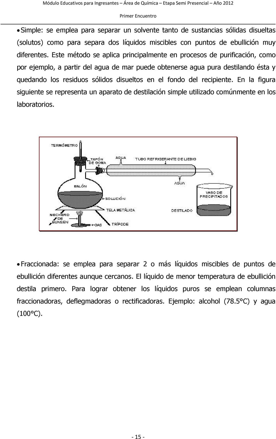 fondo del recipiente. En la figura siguiente se representa un aparato de destilación simple utilizado comúnmente en los laboratorios.