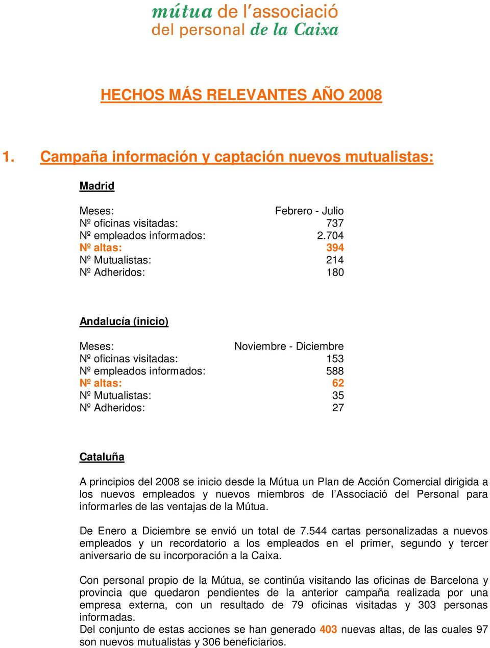 Adheridos: 27 Cataluña A principios del 2008 se inicio desde la Mútua un Plan de Acción Comercial dirigida a los nuevos empleados y nuevos miembros de l Associació del Personal para informarles de