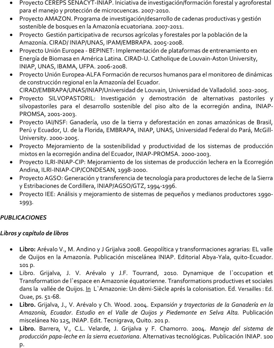Proyecto Gestión participativa de recursos agrícolas y forestales por la población de la Amazonía. CIRAD/ INIAP/UNAS, IPAM/EMBRAPA. 2005-2008.