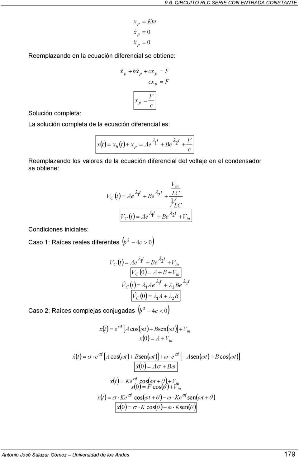 dferenes ( b 4c > F c ( n ( Ae λ Be λ n ( A B n λ ( λ Ae λ Be & ( λ A λ B & λ aso : aíces complejas conjugadas ( b 4c < x& x σ ( e [ A cos ( ω Bsen( ω ] n x ( A n σ ( σ [ ( ( ] σ e A cos