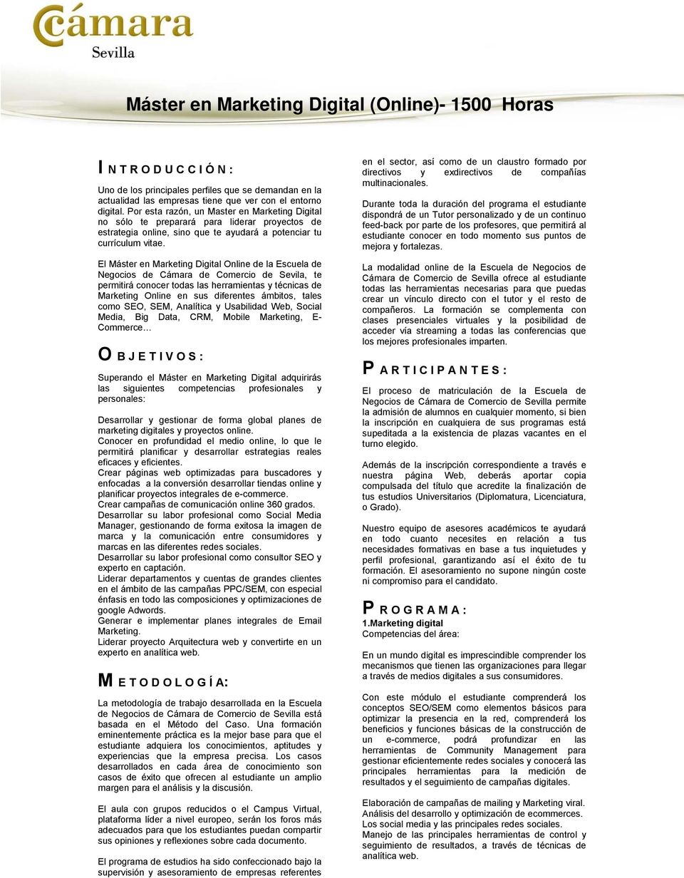 El Máster en Marketing Digital Online de la Escuela de Negocios de Cámara de Comercio de Sevila, te permitirá conocer todas las herramientas y técnicas de Marketing Online en sus diferentes ámbitos,
