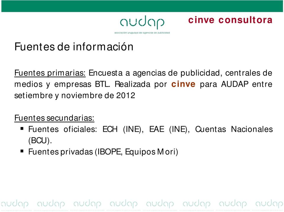 Realizada por cinve para AUDAP entre setiembre y noviembre de 2012 Fuentes