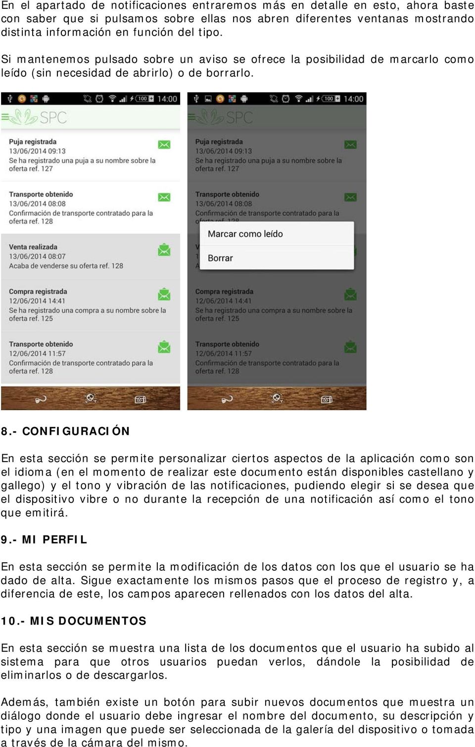 - CONFIGURACIÓN En esta sección se permite personalizar ciertos aspectos de la aplicación como son el idioma (en el momento de realizar este documento están disponibles castellano y gallego) y el