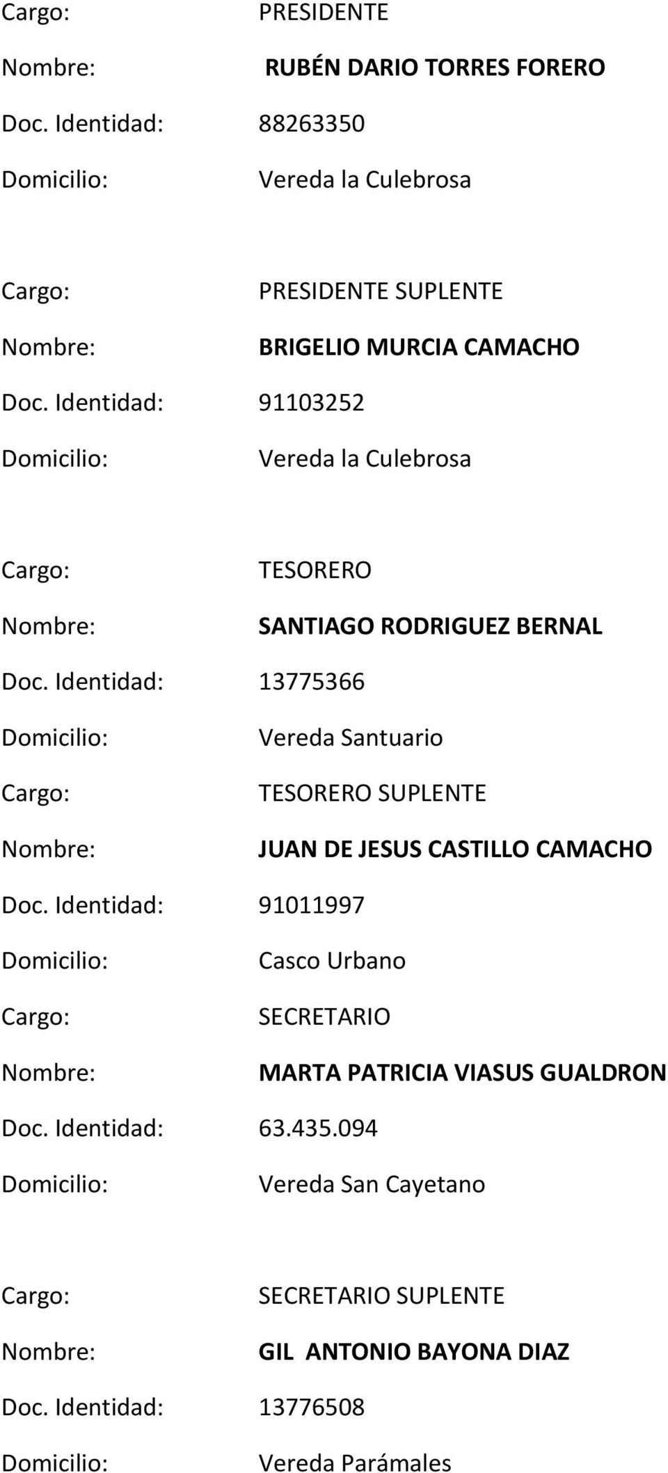 Identidad: 91103252 Vereda la Culebrosa TESORERO SANTIAGO RODRIGUEZ BERNAL Doc.