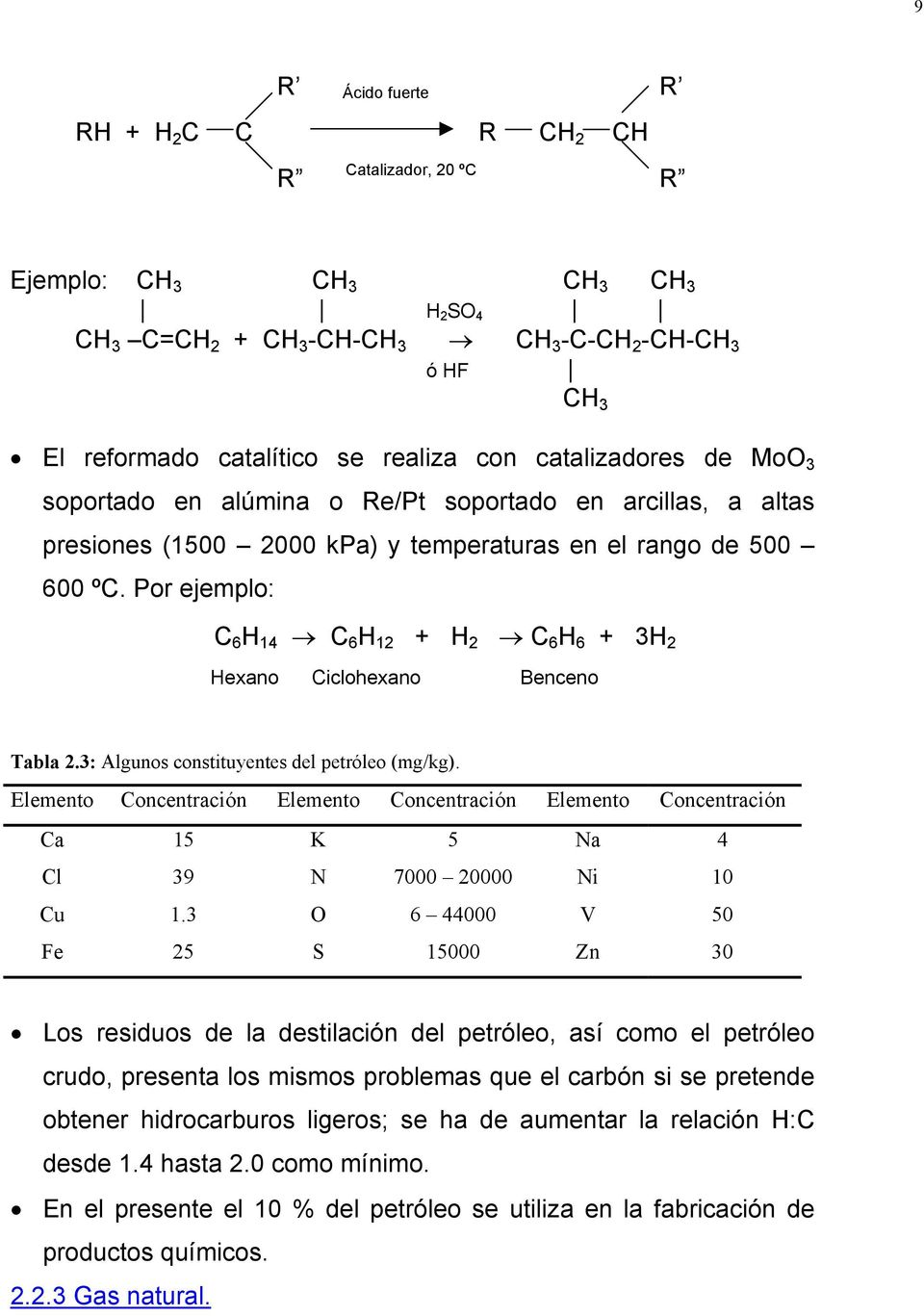 Por ejemplo: C 6 H 14 C 6 H 12 + H 2 C 6 H 6 + 3H 2 Hexano Ciclohexano Benceno Tabla 2.3: Algunos constituyentes del petróleo (mg/kg).