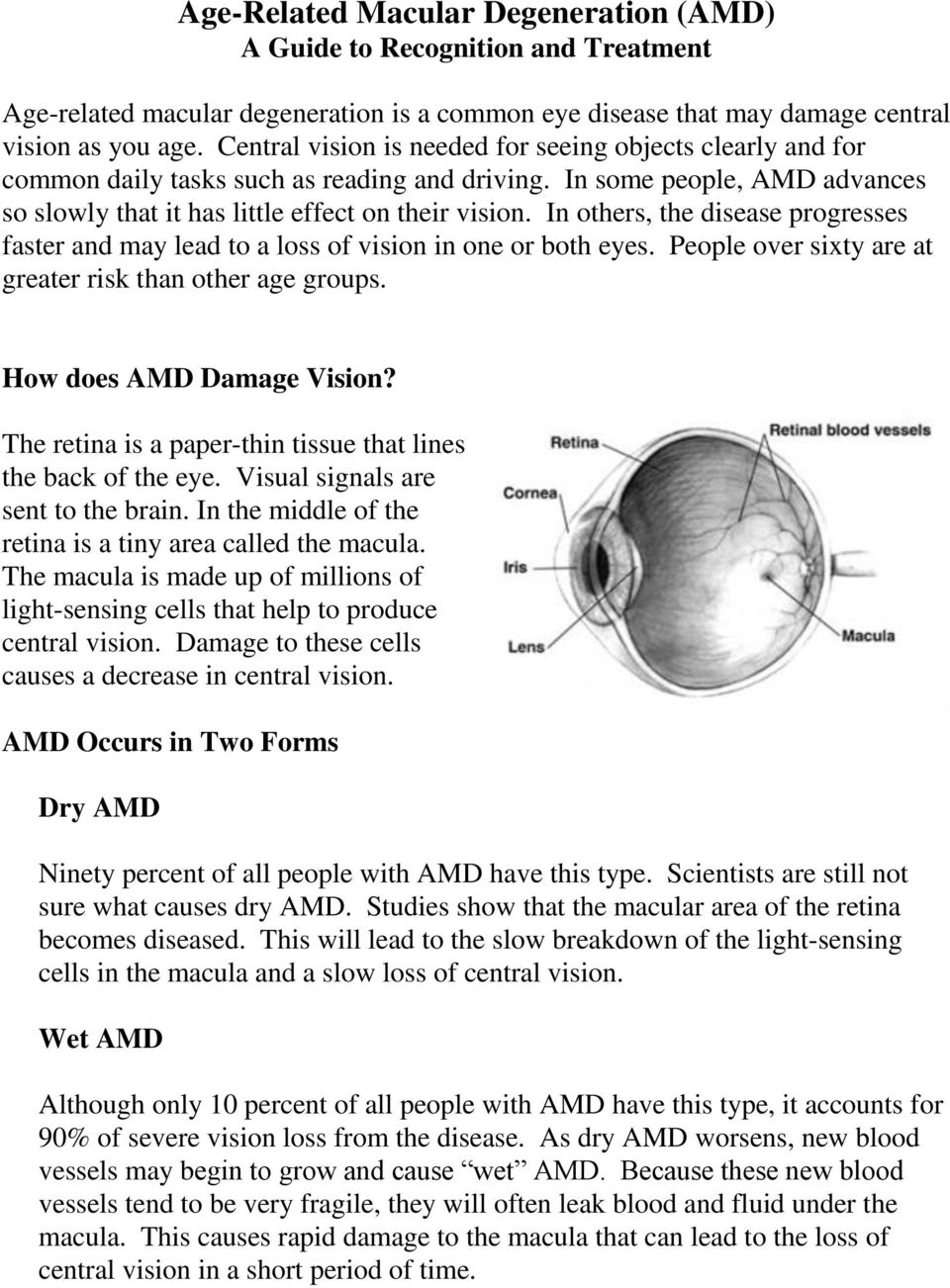 In others, the disease progresses faster and may lead to a loss of vision in one or both eyes. People over sixty are at greater risk than other age groups. How does AMD Damage Vision?