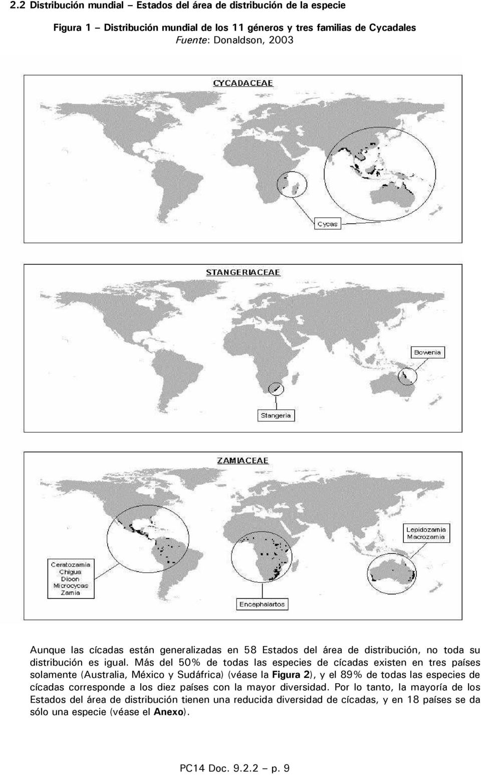 Más del 50% de todas las especies de cícadas existen en tres países solamente (Australia, México y Sudáfrica) (véase la Figura 2), y el 89% de todas las especies de cícadas