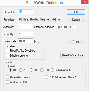 paridad y 1 bit de Stop: Después de que la conexión esté establecida ya se pueden leer o escribir en los registros Modbus. Para ello se escoge la opción Setup y después Read/Write Definition.