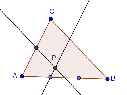 Problema 3- Encuentra, usando regla y compás, un punto P en el interior del triángulo de área 6 cm, de manera que las áreas de los triángulos formados por P y los lados del triángulo sean 3cm, cm y