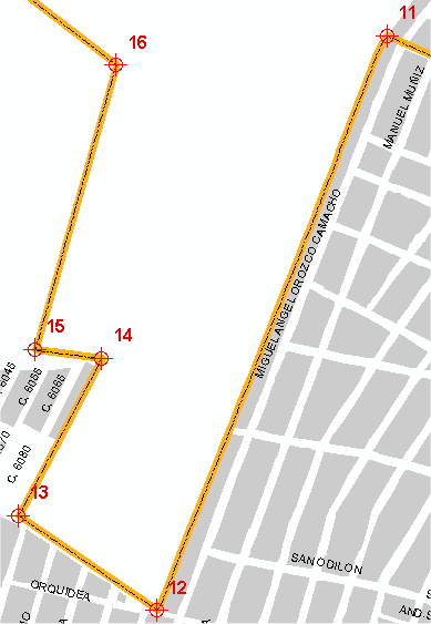 Figura 11. Vértices 11 al 16. Representación aproximada de la barda del Panteón del Sur. Vértices 17 18 19 20 21 22 Voltea al noroeste por la barda del Panteón del Sur en una distancia de 185.88 m.