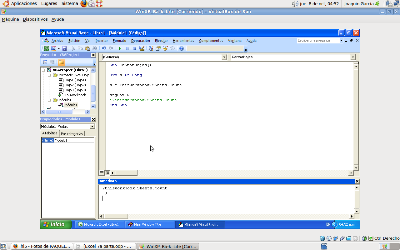 El Editor de VBA La ventana inmediato sirve para escribir, ejecutar y probar un código macro