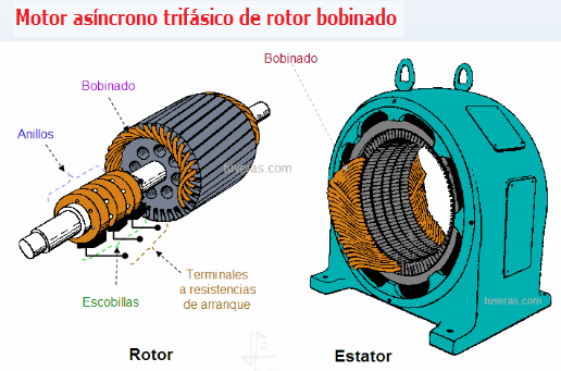 Motor trifásico: -De rotor bobinado El rotor devanado o bobinado, como su nombre lo indica, lleva unas bobinas que se conectan a unos anillos deslizantes colocados en el