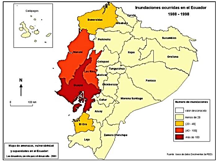 La provincia del Guayas es la zona más afectada con más de 100 inundaciones; le siguen las provincias de Manabí y Los Ríos (entre 40 y 100 eventos); y, en tercer lugar, las provincias de Esmeraldas y