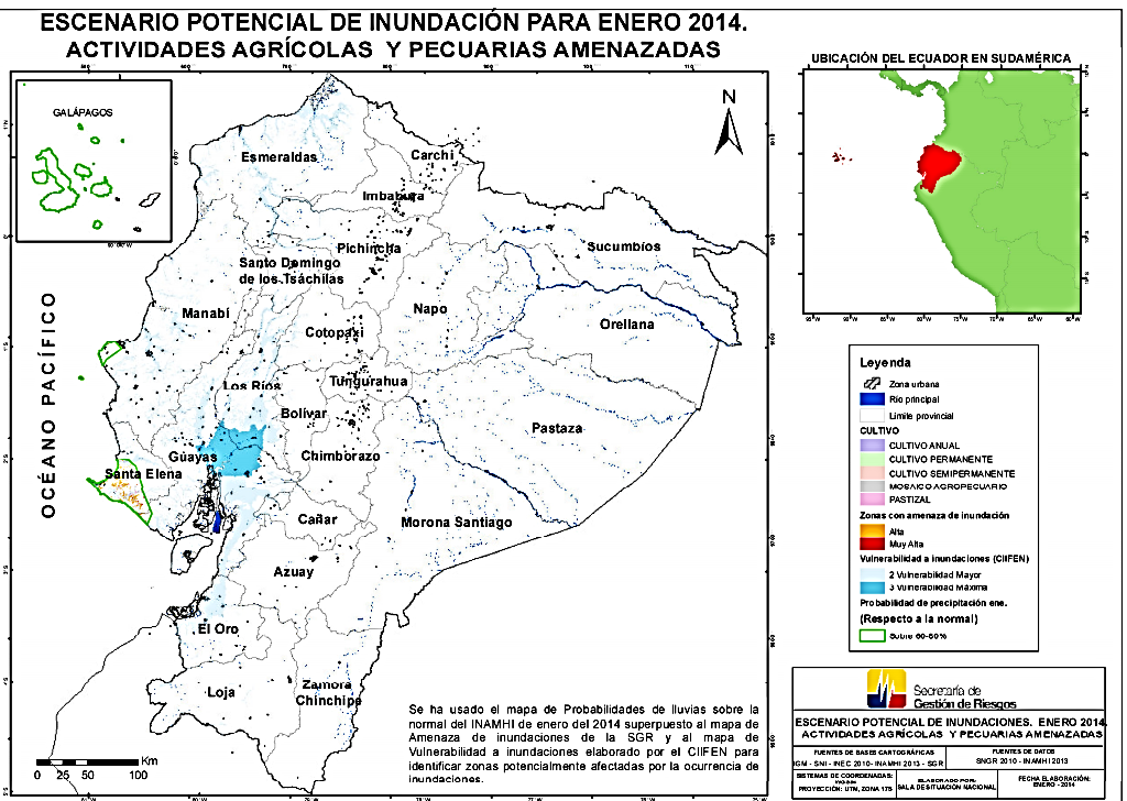 Fig. 9.- escenario potencial de inundaciones para enero 2014, Fuente: Secretaria de Gestion de Riesgos En el Ecuador existen regiones en donde se concentran las inundaciones. El mapa Fig.