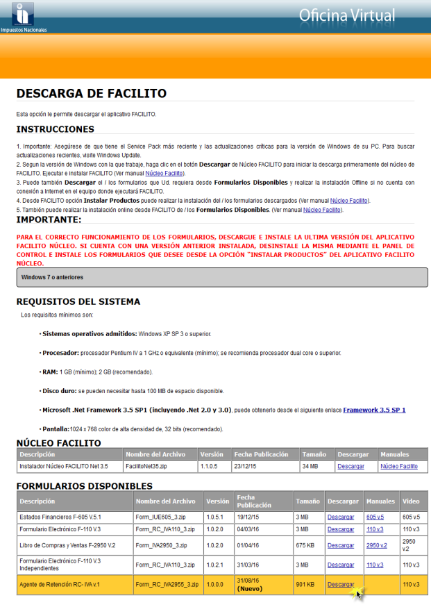 FACILITO módulo núcleo y formulario 2955 Agente de Retención (Fig.