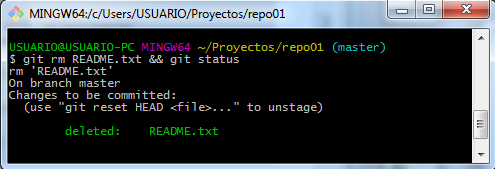 Comenzando con GIT Eliminar archivos Si se elimina un archivo que está bajo el control de versiones, el comando