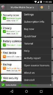 Al hacer clic en el botón de menú muestra la configuración y otras opciones Servicios Estándar de McAfee Características estándar gratuito incluido con el dispositivo BLU incluyen: Optimizador