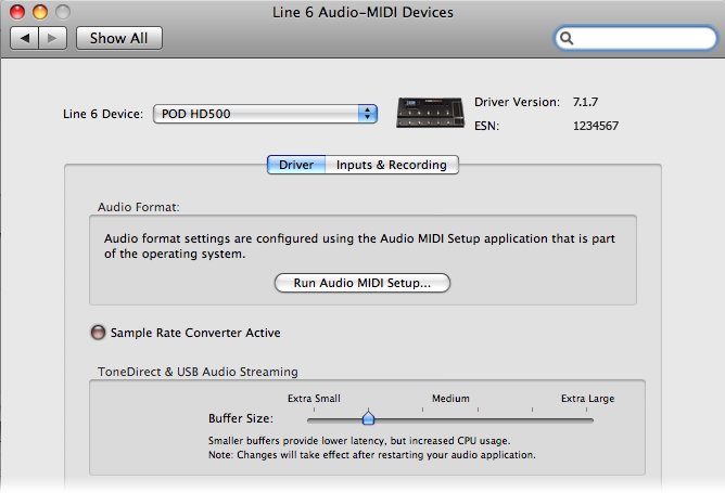 Audio USB Mac Line 6 Audio-MIDI Devices Ejecuta la utilidad Line 6 Audio-MIDI Devices desde las Preferencias del sistema de Mac. Esta utilidad proporciona acceso a varias opciones del controlador.