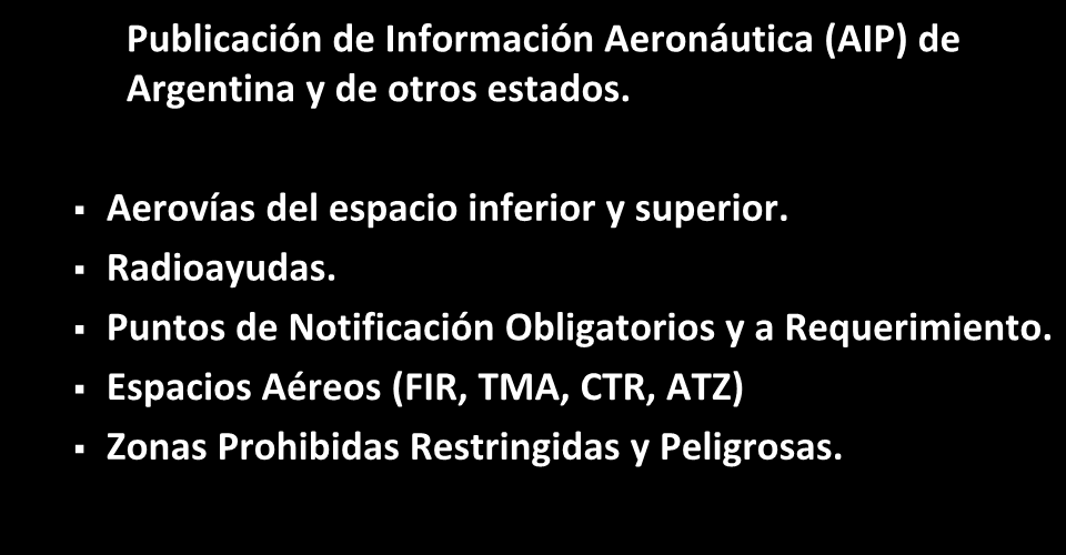Información disponible Publicación de Información Aeronáutica (AIP) de Argentina y de otros estados. Aerovías del espacio inferior y superior.