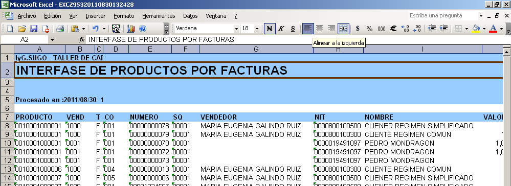 Esta exportación se puede generar a Excel o a archivo PRN, muestra los siguientes campos: el producto, el vendedor, el tipo, comprobante, numero y secuencia del documento, el NIT y nombre del