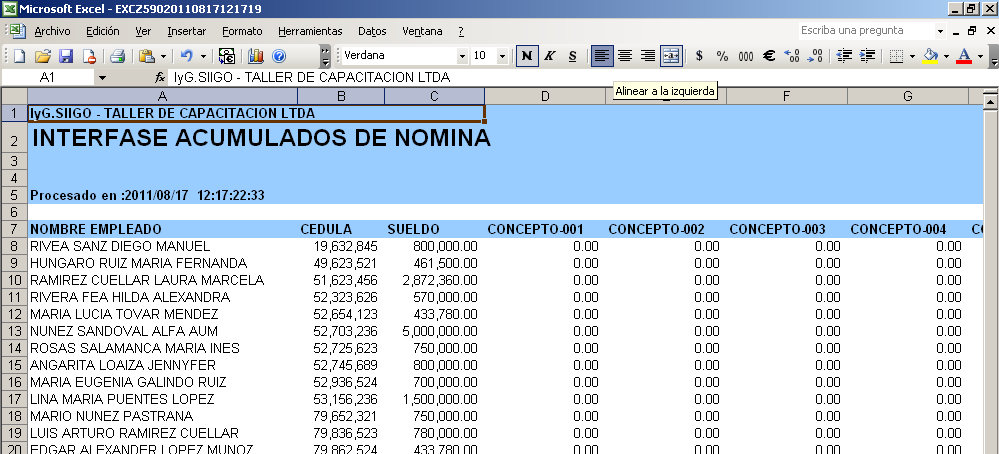 El informe permite ser exportado a Excel o a PRN, y muestra concepto a concepto el valor acumulado por tercero, solo muestra los conceptos activos, al ver en Excel el sistema muestra la siguiente