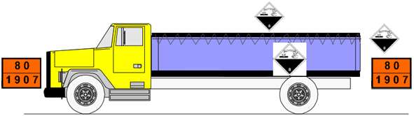 En los vehículos que transportan mercancías a granel se colocan las placas-etiquetas en los laterales y en la trasera del vehículo (5.3.1.4.1).