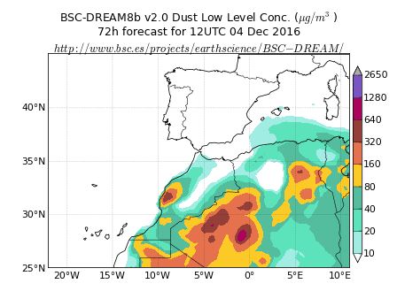 Predicción de intrusión de masas de aire africano sobre España para los días 3, 4 y 5 de diciembre de 2016