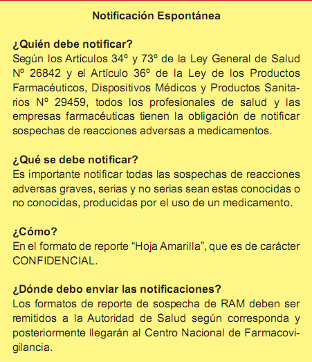 Notificación de sospechas de Reacciones Adversas a Medicamentos (RAM) La Dirección General de Medicamentos, Insumos y Drogas (DIGEMID), conduce el sistema peruano de farmacovigilancia de productos