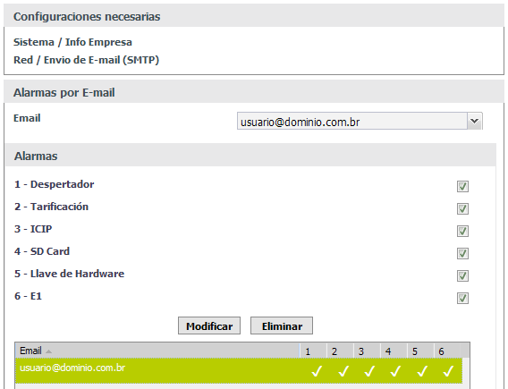 Envío de email (SMTP) Esta pantalla presenta las configuraciones para que la central pueda enviar emails: Menú Red/Submenú Envio de E-mail (SMTP) Habilitar: habilita o deshabilita el envío de emails.