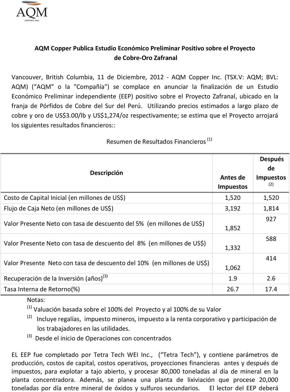 Pórfidos de Cobre del Sur del Perú. Utilizando precios estimados a largo plazo de cobre y oro de US$3.
