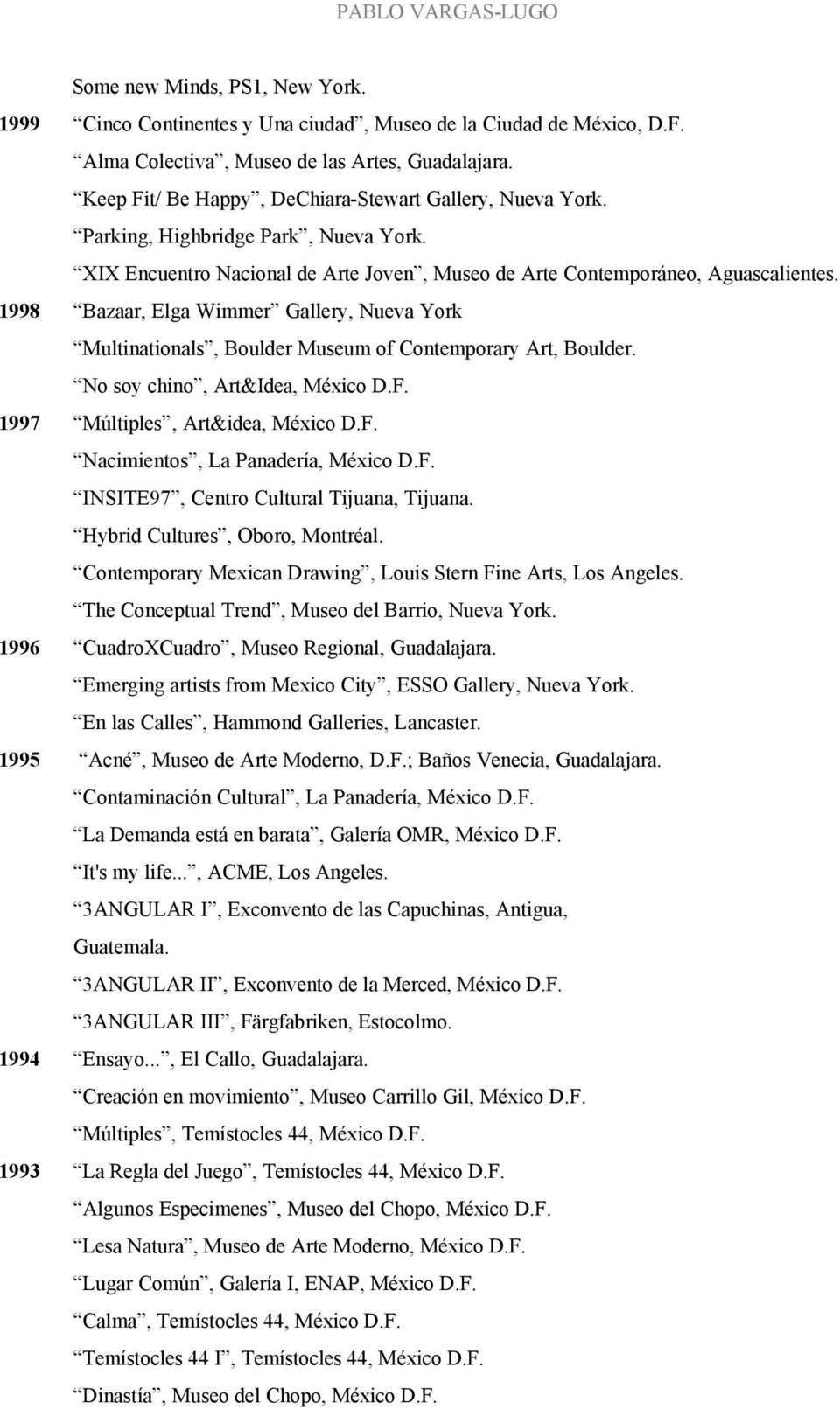 1998 Bazaar, Elga Wimmer Gallery, Nueva York Multinationals, Boulder Museum of Contemporary Art, Boulder. No soy chino, Art&Idea, México D.F. 1997 Múltiples, Art&idea, México D.F. Nacimientos, La Panadería, México D.