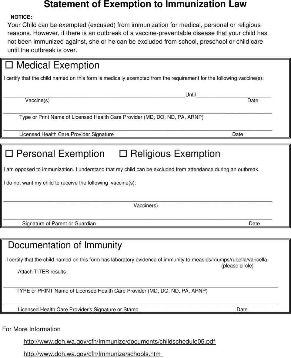 over. Medical Exemption I certify that the child named on this form is medically exempted from the requirement for the following vaccine(s): Until Vaccine(s) Type or Print Name of Licensed Health