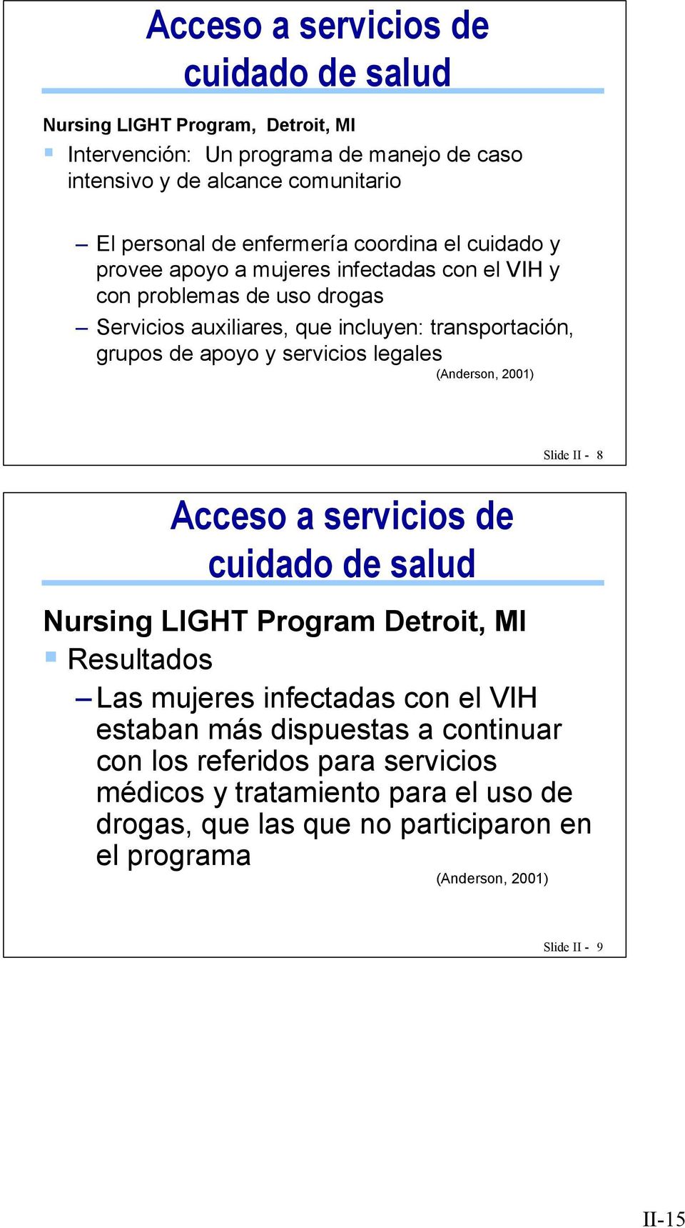 y servicios legales (Anderson, 2001) Acceso a servicios de cuidado de salud Slide II - 8 Nursing LIGHT Program Detroit, MI Resultados Las mujeres infectadas con el VIH estaban