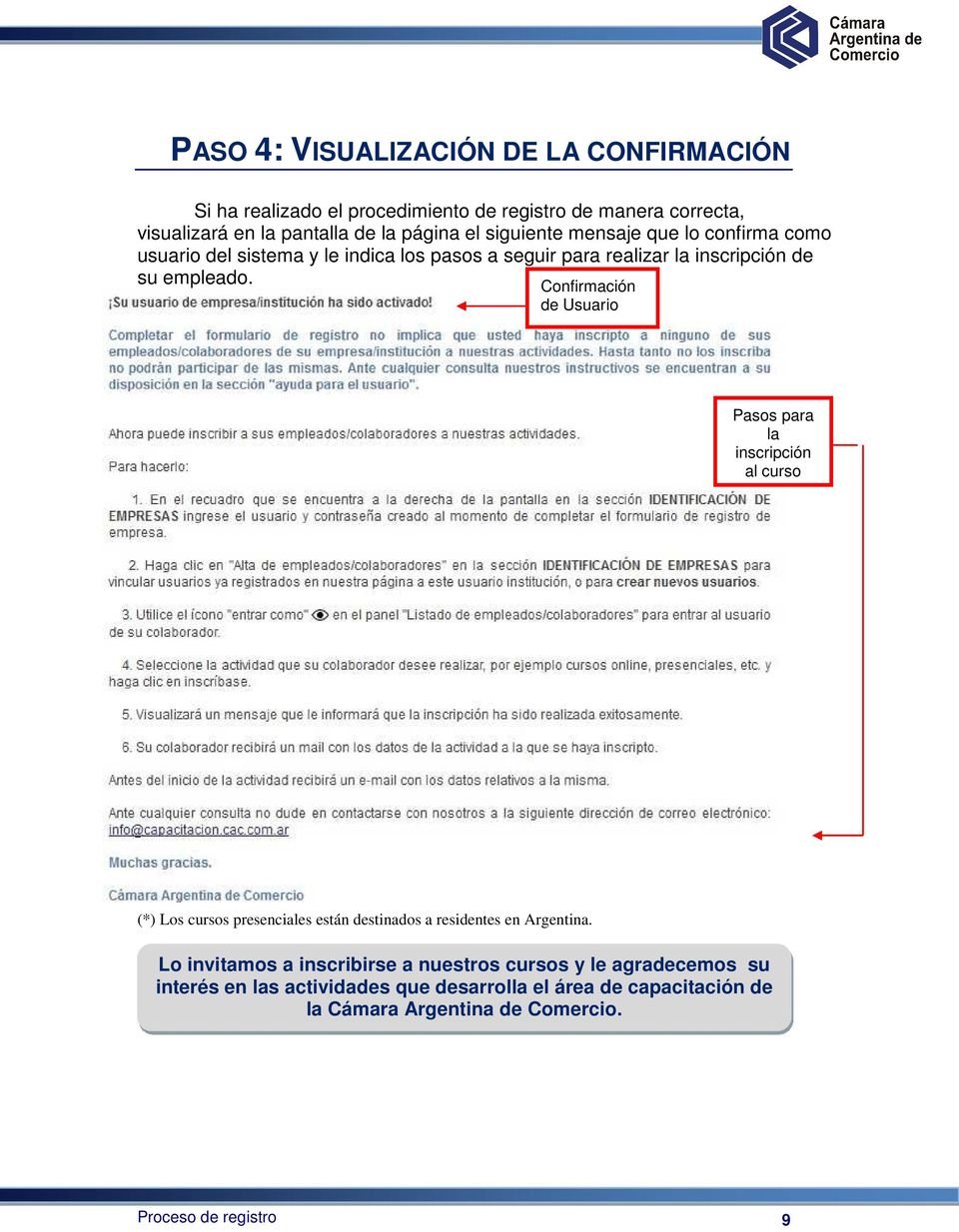 Confirmación de Usuario Pasos para la inscripción al curso (*) Los cursos presenciales están destinados a residentes en Argentina.